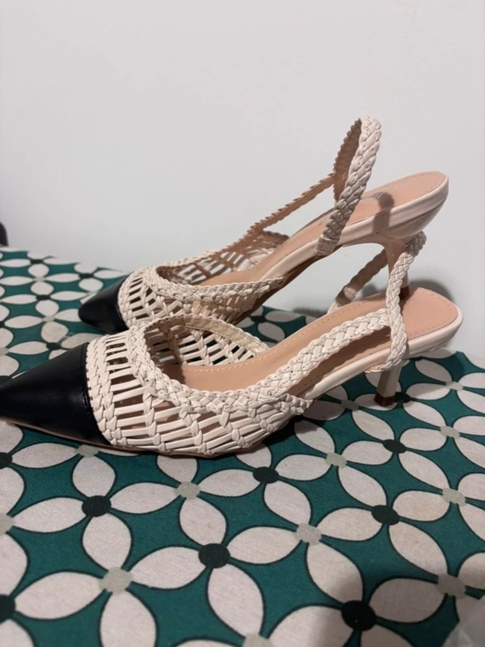 Woven Slingback Pointed-Toe Heels in Black and Beige